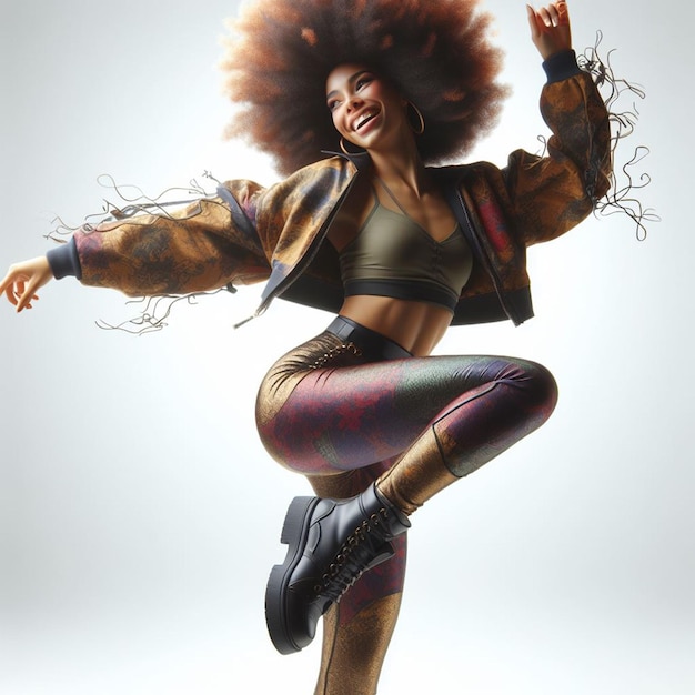 Botella de arte vectorial hiperrealista mujer afro bailando riendo aislada sobre un fondo blanco todavía
