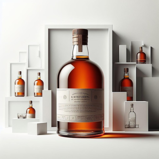 Botella de arte vectorial hiperrealista de whisky escocés de malta única con un fondo blanco aislado