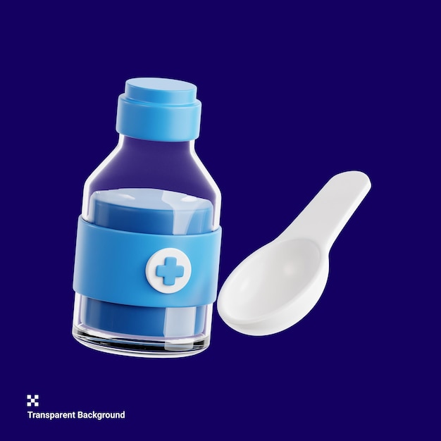 una botella azul de medicina al lado de una cuchara