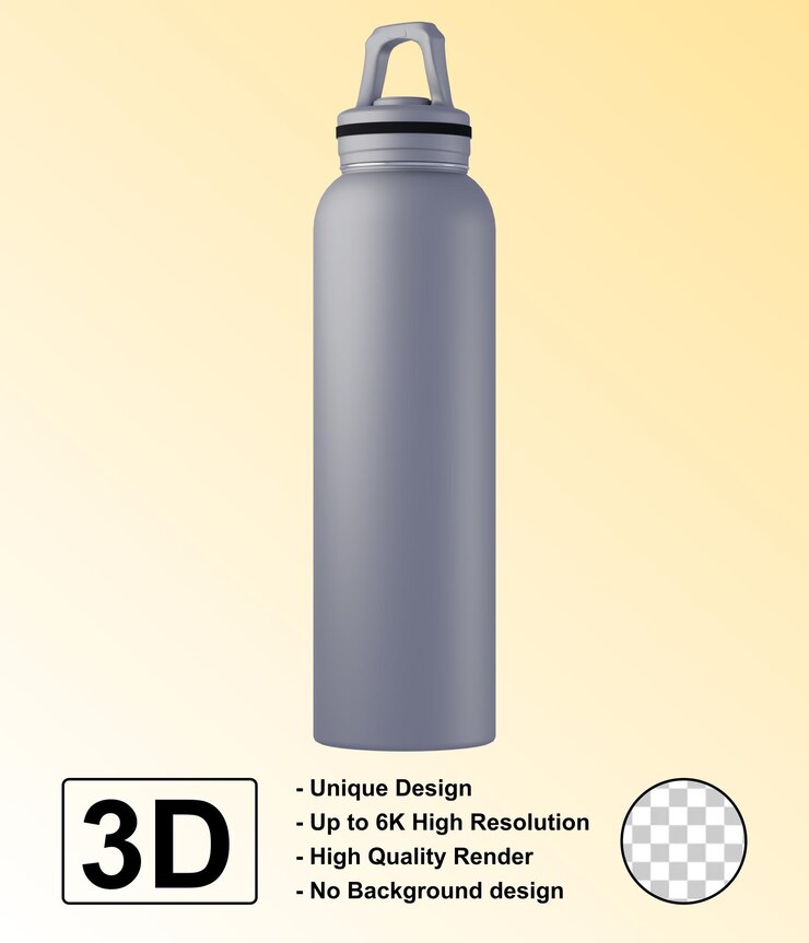 PSD botella de bebida de metal gris psd 3d rendered