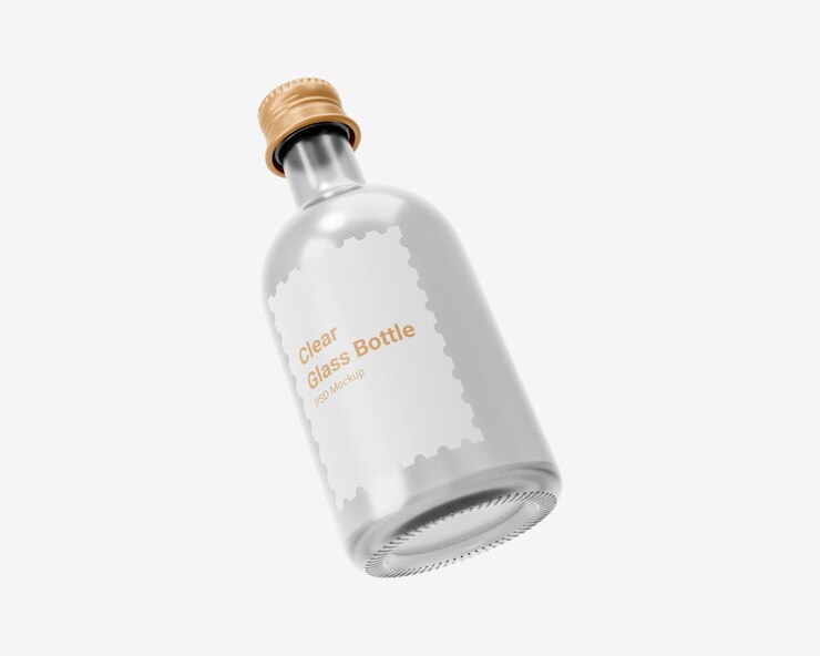 PSD botella de bebida de vidrio transparente con maqueta de tapa de rosca de aluminio