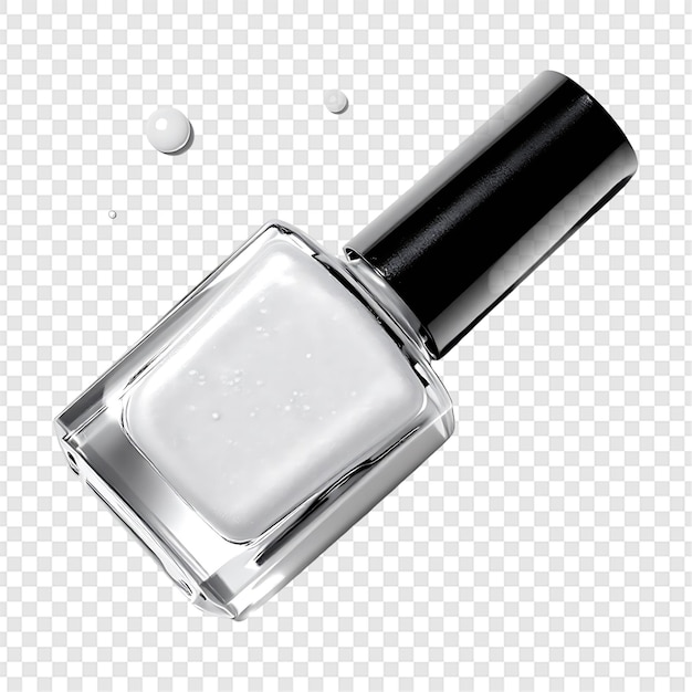 Botella blanca de esmalte de uñas sobre un fondo transparente