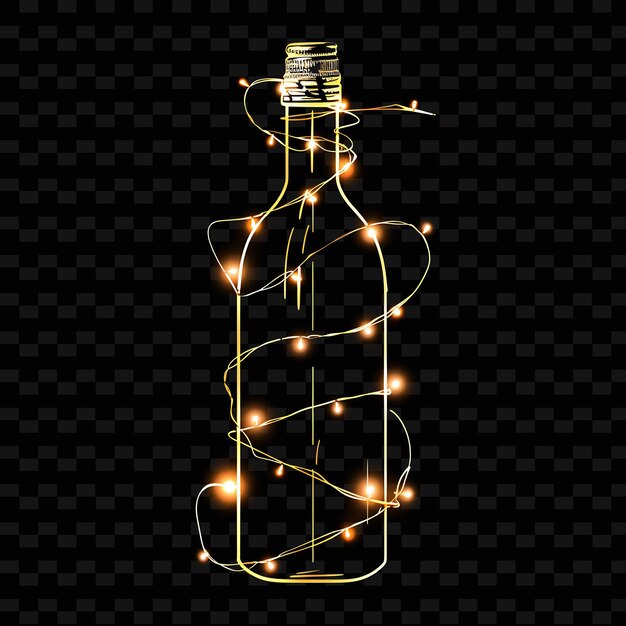 Una botella de bombillas con una cadena amarilla de luces en un fondo negro