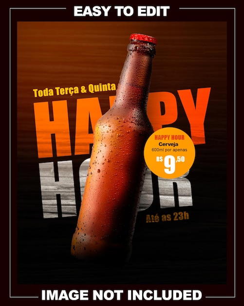 PSD una botella de cerveza anuncia la hora feliz con un precio promocional en las redes sociales