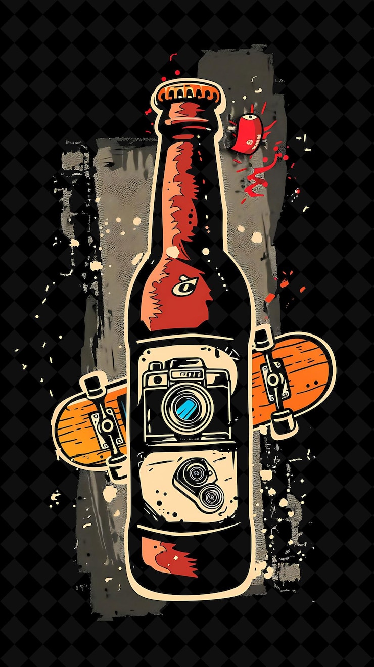 PSD botella de cerveza con etiqueta con una patineta y una cámara det flat ilustración diseño de cultura de cerveza