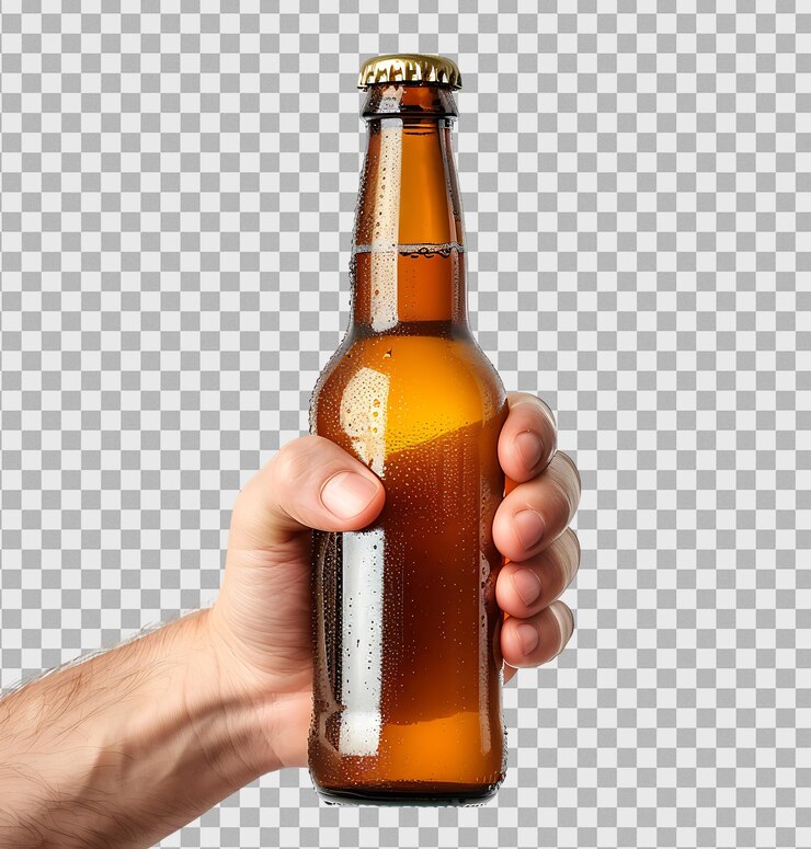 Botella de cerveza en la mano sin etiqueta sobre un fondo transparente