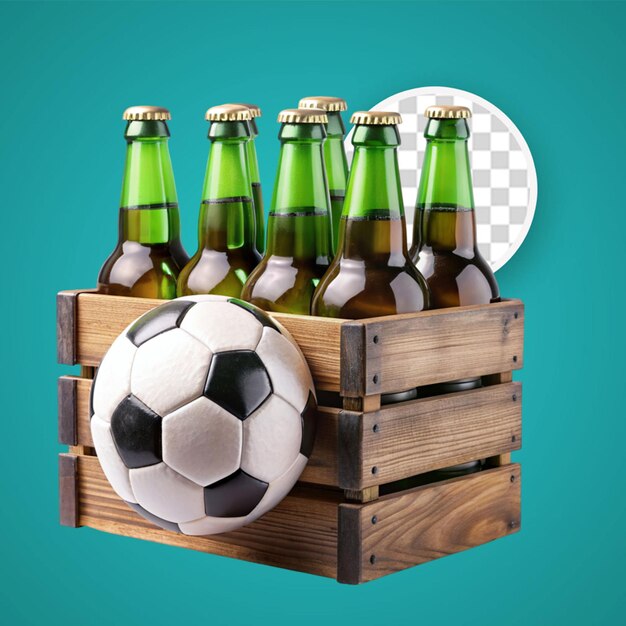 PSD botella de cerveza con pelotas de fútbol en una caja de madera