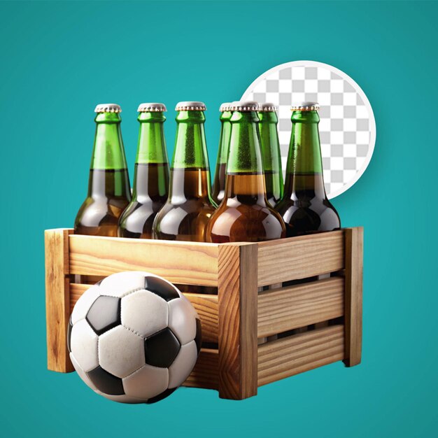 PSD botella de cerveza con pelotas de fútbol en una caja de madera