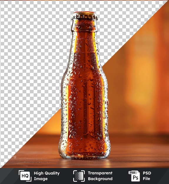 PSD botella de cerveza premium en una mesa de madera contra una pared naranja