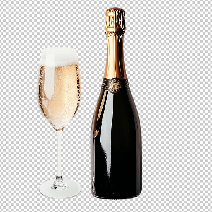 PSD botella de champán y clip art aislado de vaso de vino
