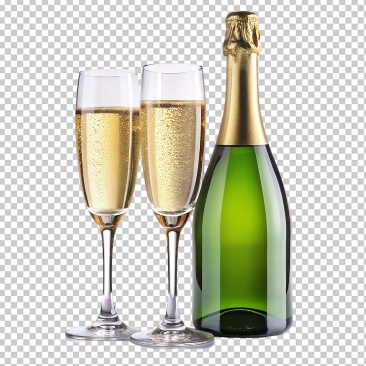 PSD una botella de champán con dos vasos de trasplante de fondo