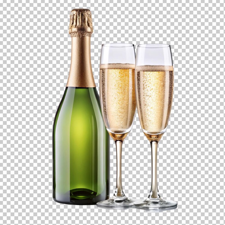 PSD una botella de champán con dos vasos de trasplante de fondo