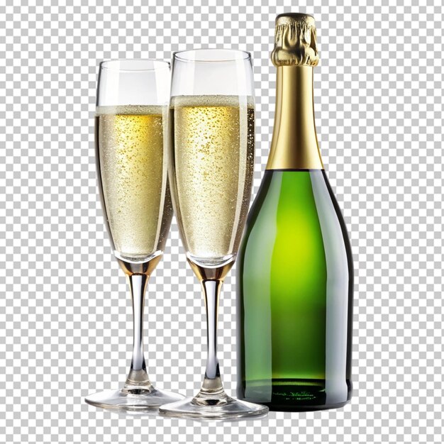 Una botella de champán con dos vasos de trasplante de fondo