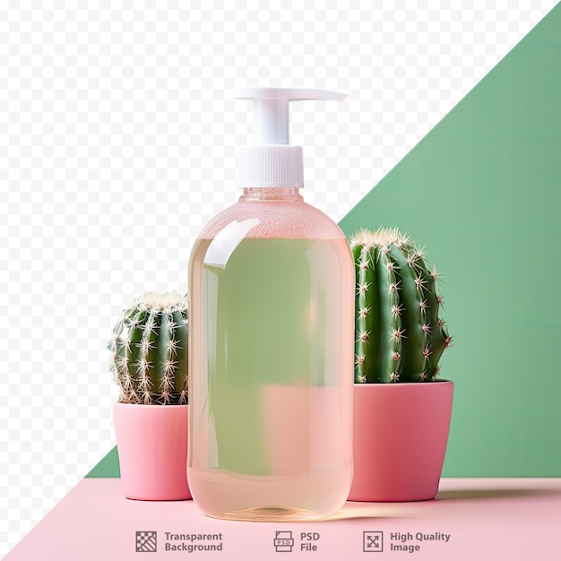 una botella de champú rosa junto a una planta de cactus.