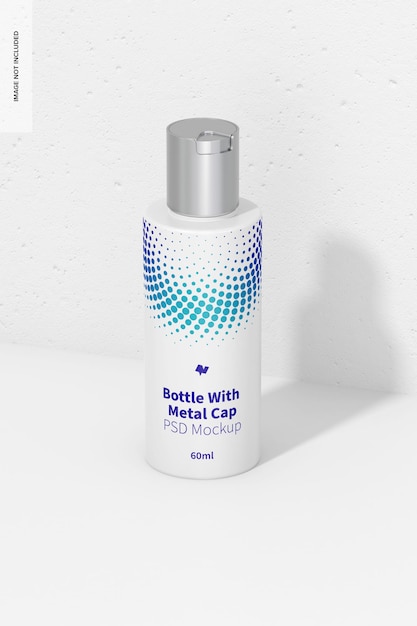 Botella cilíndrica PET de 60 ml con maqueta de tapa metálica, vista frontal