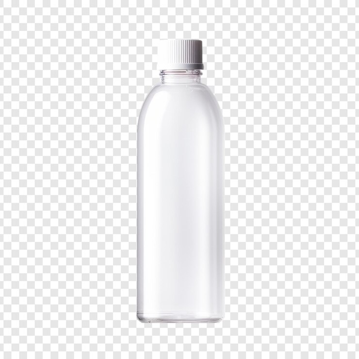 PSD una botella clara de líquido transparente se sienta en un fondo transparente