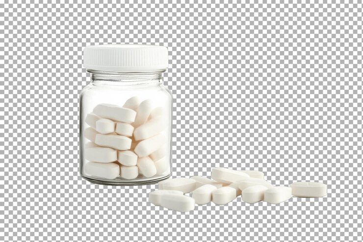 PSD botella de comprimidos de calcio aislada sobre un fondo transparente