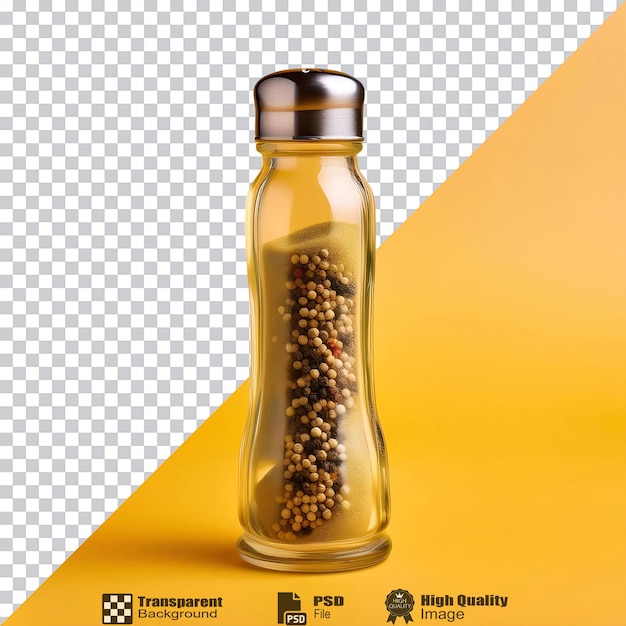 una botella de copos de pimienta se sienta en un fondo amarillo con una botella del fertilizante