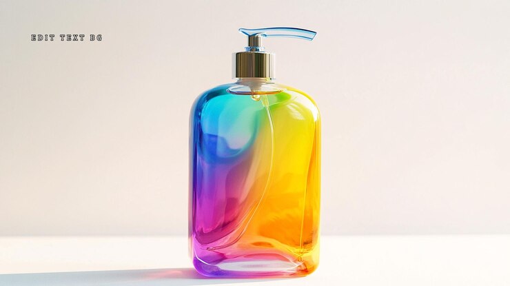 PSD botella de dispensador de jabón líquido con gradiente de arco iris de colores sobre un fondo blanco