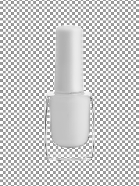 Botella de esmalte de uñas en blanco con una tapa blanca sobre fondo transparente