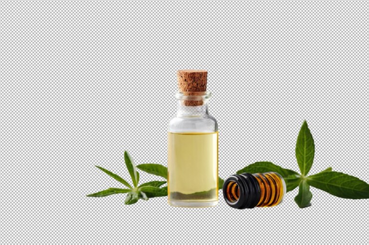 PSD botella estética de aceite esencial en una superficie gris