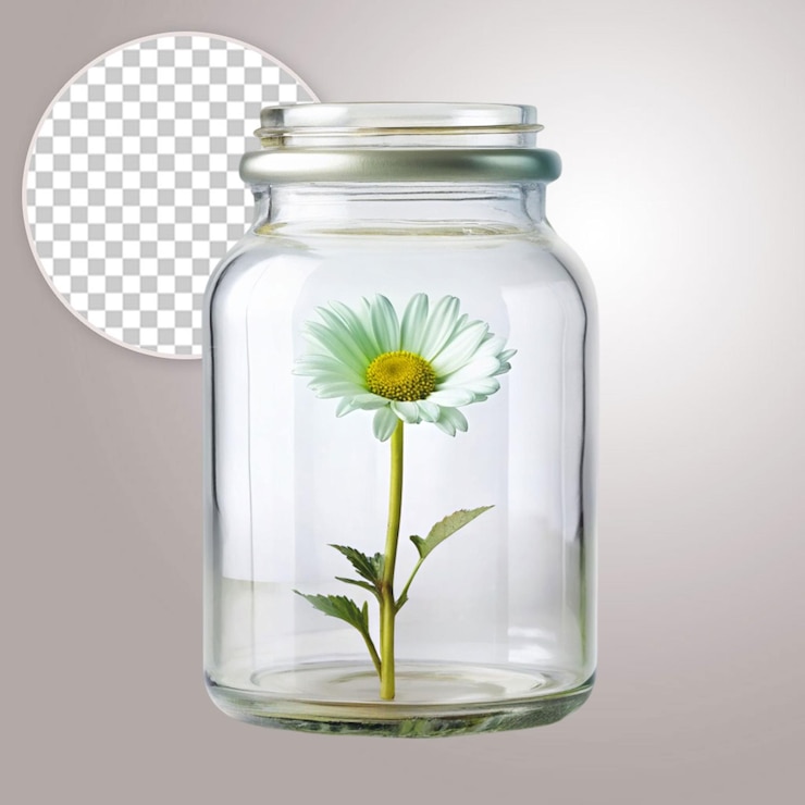 PSD una botella con una flor en el fondo transparente