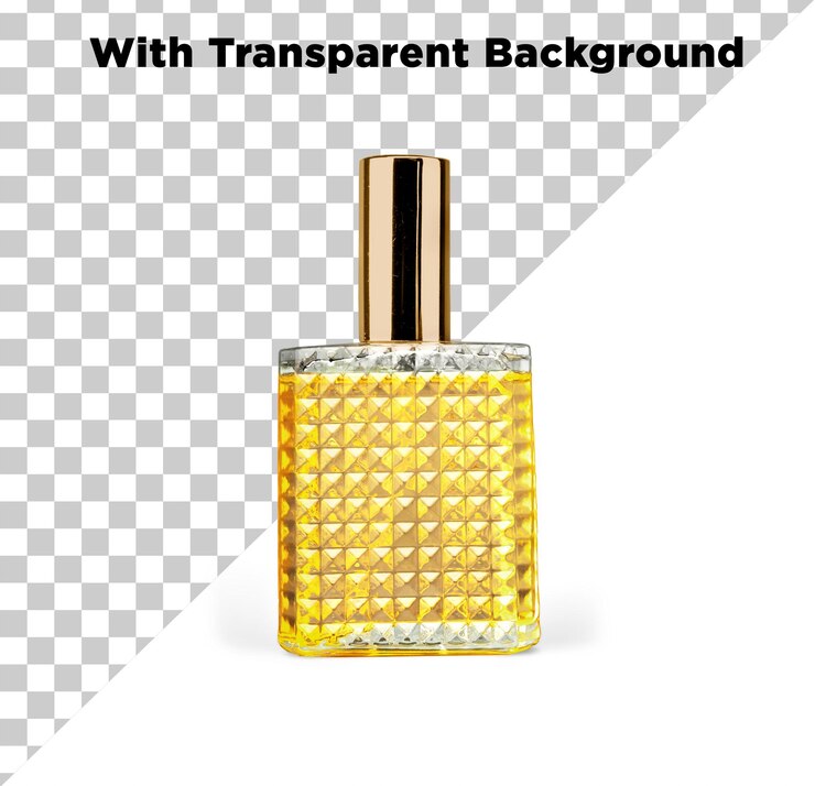 PSD botella de fragancia de perfume sofisticada con tapa de oro llena de líquido amarillo png psd fondo transparente