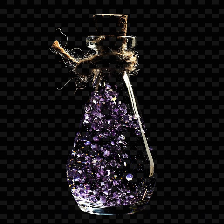 PSD una botella de gemas púrpuras se sienta en un fondo negro