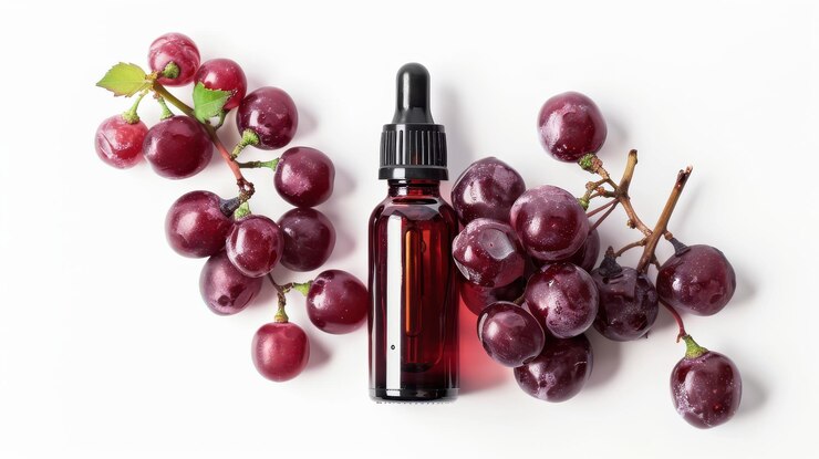 PSD una botella de gotero de vidrio rodeada de uvas rojas frescas sobre un fondo blanco limpio