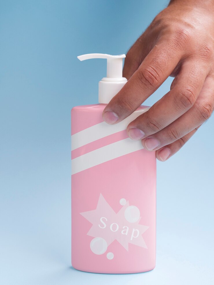 PSD botella de jabón líquido rosa sobre fondo azul.
