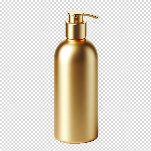 Una botella de jabón de oro con una etiqueta blanca
