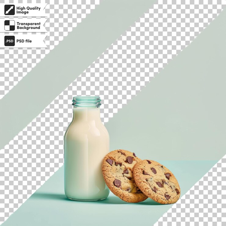 PSD una botella de leche y galletas con una imagen de una botella de leche y una imagen de galletas