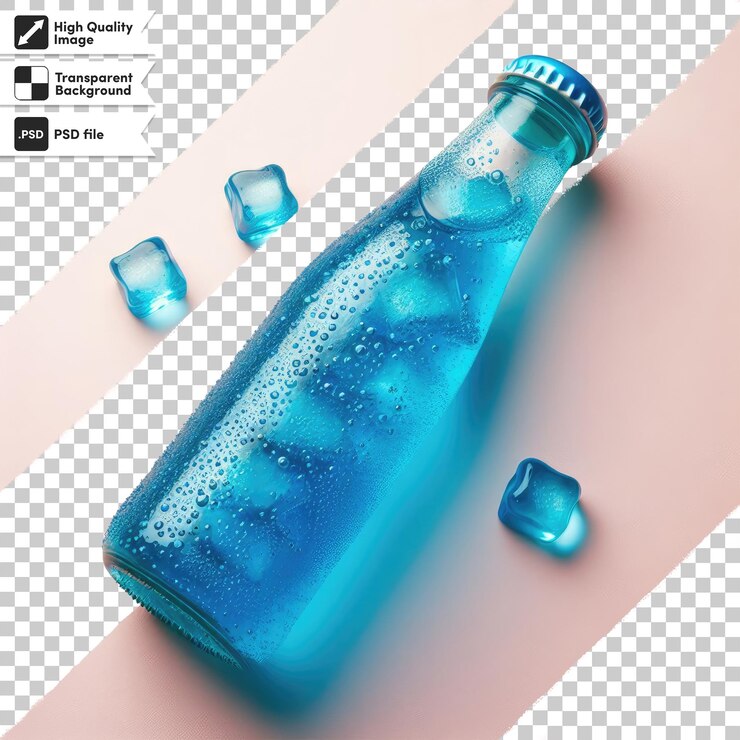 PSD botella de limonada y cubitos de hielo en fondo transparente