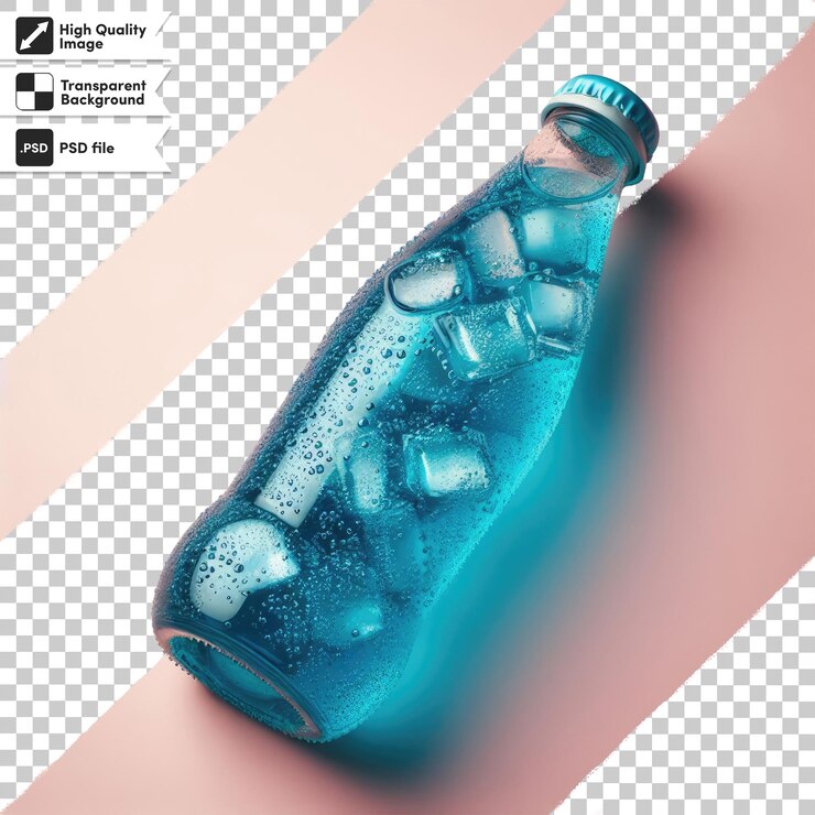 PSD botella de limonada y cubitos de hielo en fondo transparente