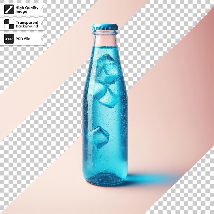 PSD botella de limonada y cubitos de hielo en fondo transparente