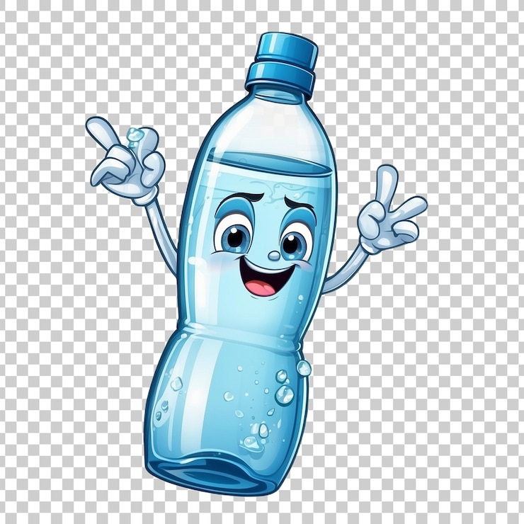 PSD una botella de líquido azul con una cara sonriente aislada en un fondo transparente