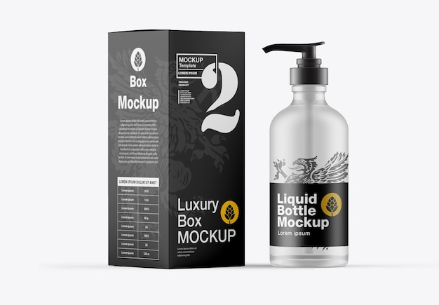 Botella de líquido con maqueta de caja