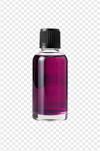Una botella de líquido púrpura con una tapa negra