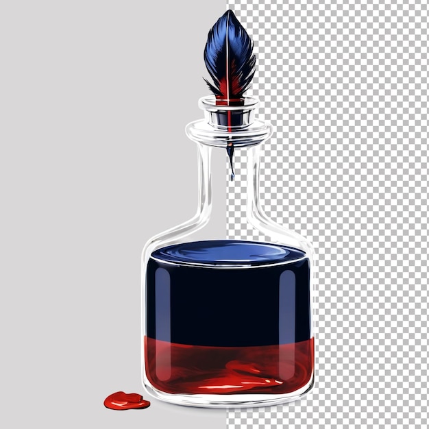 una botella de líquido rojo con una tapa azul que dice pavo real en él