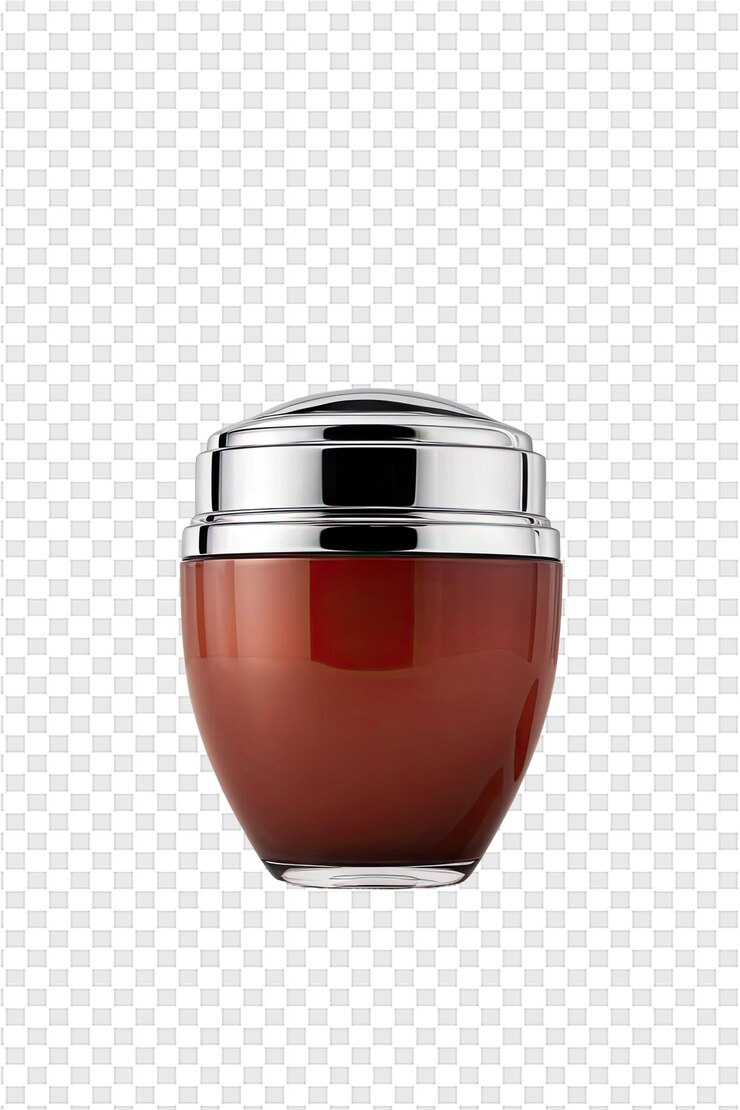 PSD una botella de líquido rojo con una tapa de plata