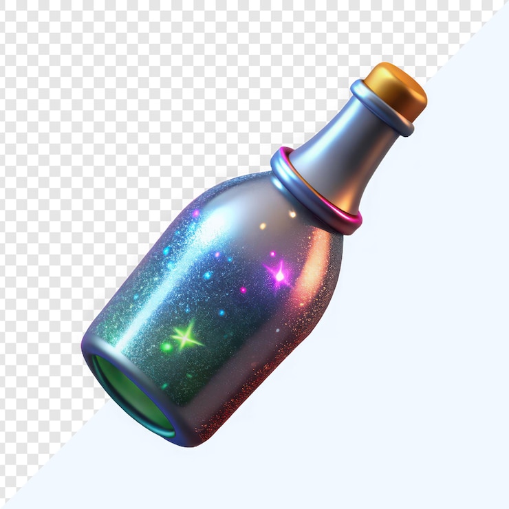 PSD una botella mágica que brilla y refleja colores vibrantes