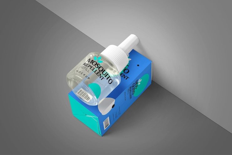 PSD una botella de la marca confit está al lado de una caja de cajas azules y verdes