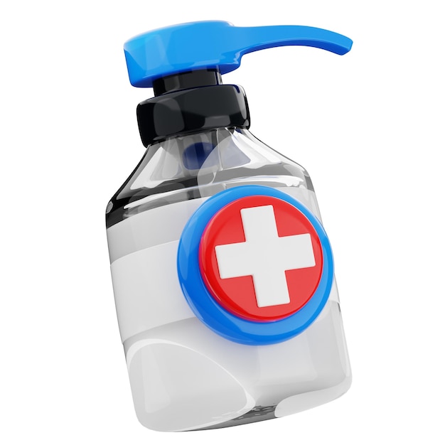 una botella de medicamento médico con una tapa roja y azul