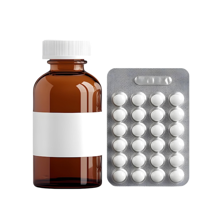 PSD botella de medicina y pastillas