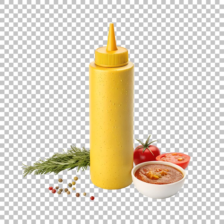 PSD botella de mostaza con tomates, romero y especias