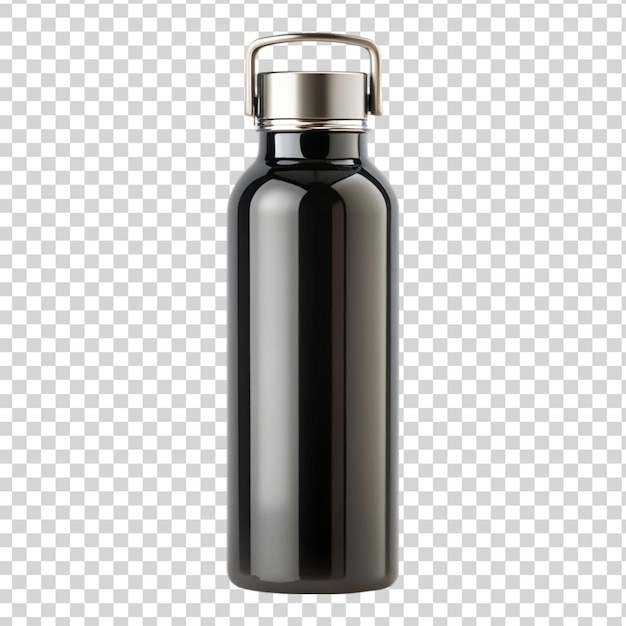 PSD botella negra reutilizable de metal brillante aislada sobre un fondo transparente