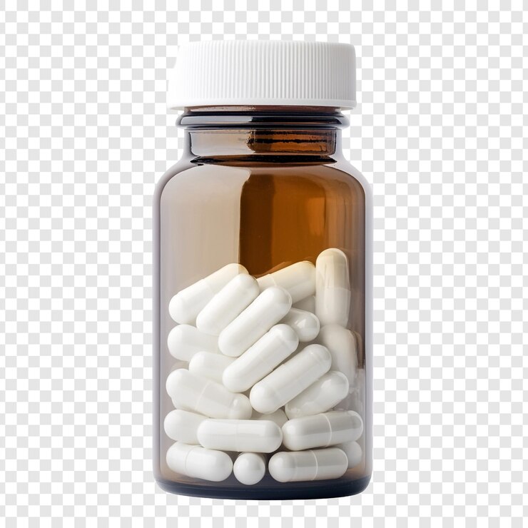 PSD botella de pastillas de ámbar con cápsulas blancas