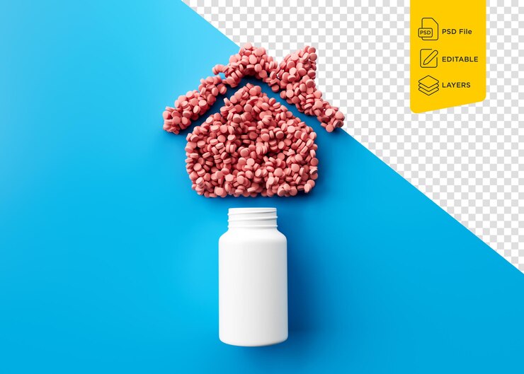 PSD botella de pastillas blanca vacía con icono de símbolo de hogar mínimo en fondo azul ilustración en 3d