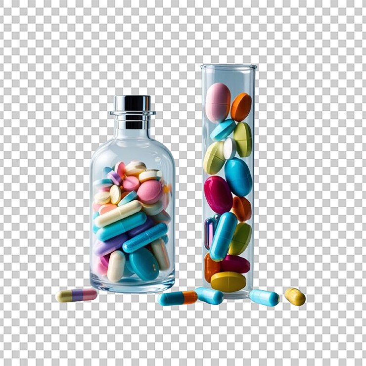 PSD botella de pastillas de colores con un tubo de pastillas multicolores aisladas sobre un fondo transparente