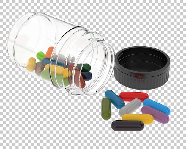 Botella con pastillas sobre fondo transparente ilustración de renderizado 3d